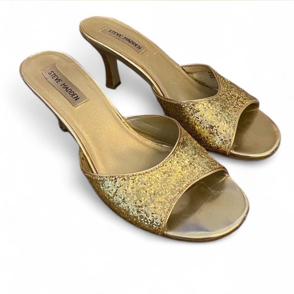 vintage steve madden gold glitter mule heels